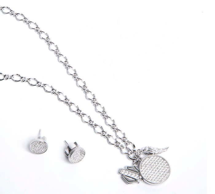 Women's Pavé Disc and Wing Charm Sterling Silver Necklace & Earring Set 1