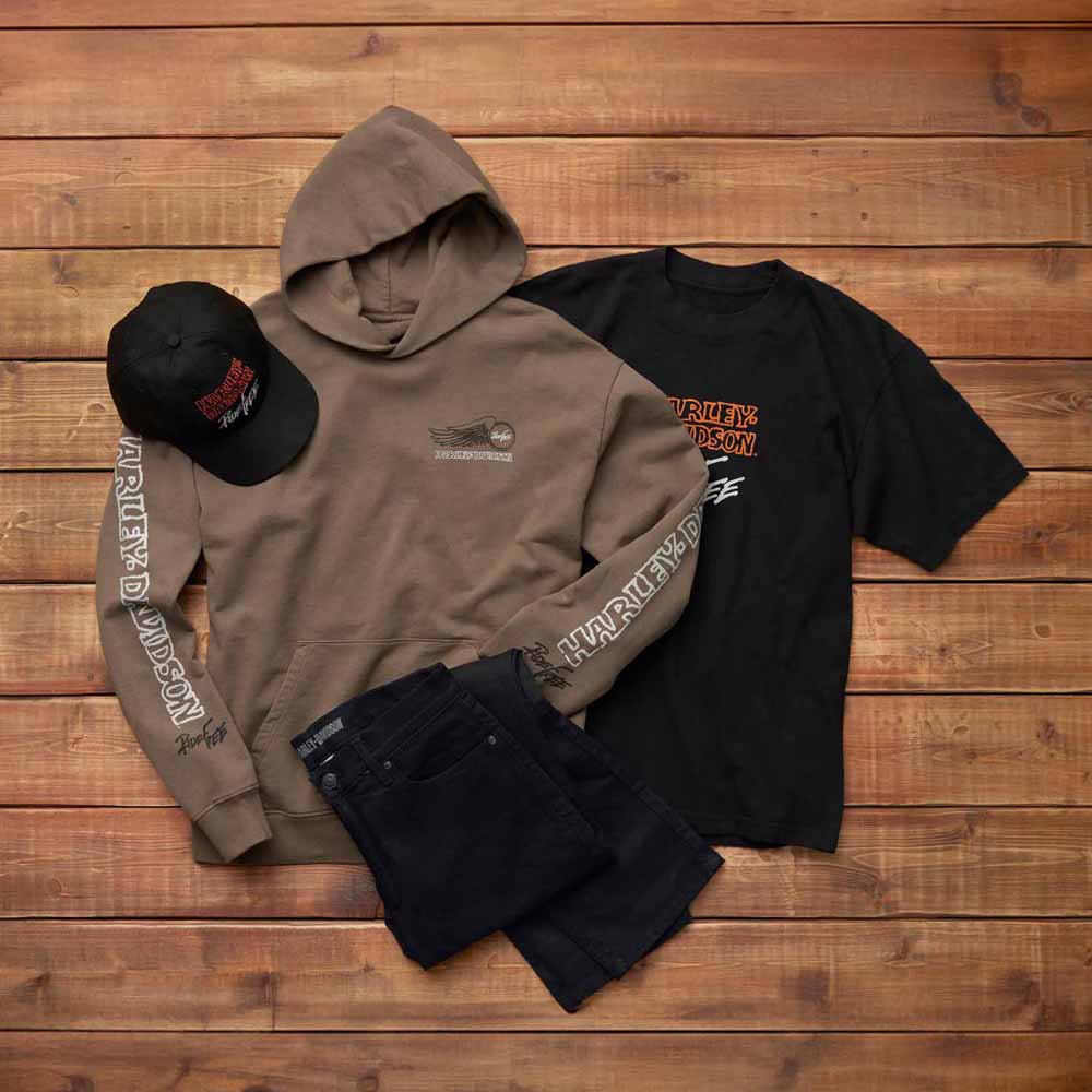 cap, hoodie and t-shirt