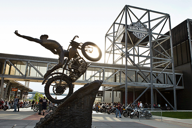 Statua mężczyzny na motocyklu przed Muzeum H-D 