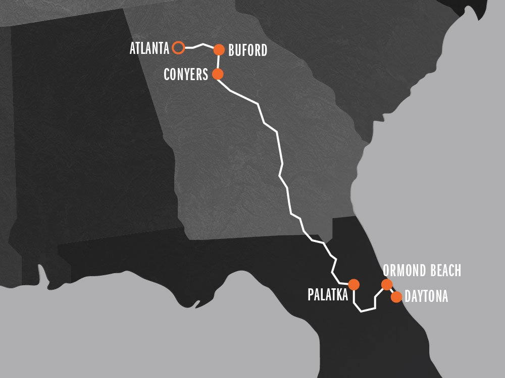 Mapa de una ruta de Atlanta a Daytona
