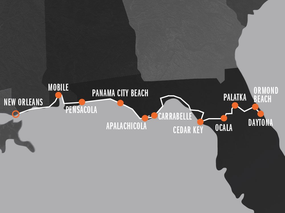 Mapa de una ruta de Nueva Orleans a Daytona