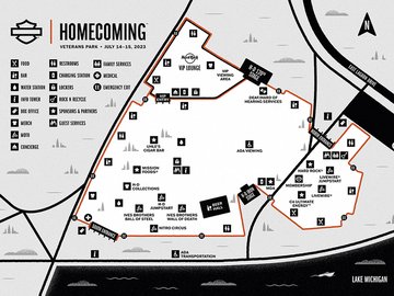 Map of Veterans Park venue showing the locations of entrances and festival features for H-D Homecoming Festival. If you are visually impaired, please call 800-258-2464 for assistance for specific event locations.