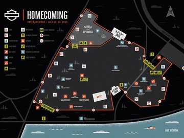 Map of Veterans Park venue showing the locations of entrances and festival features for H-D Homecoming Festival. If you are visually impaired, please visit https://www.harley-davidson.com/us/en/homecoming/know-before-you-go/ada-compliant-maps.html or click on the link on page for ADA compliant maps.