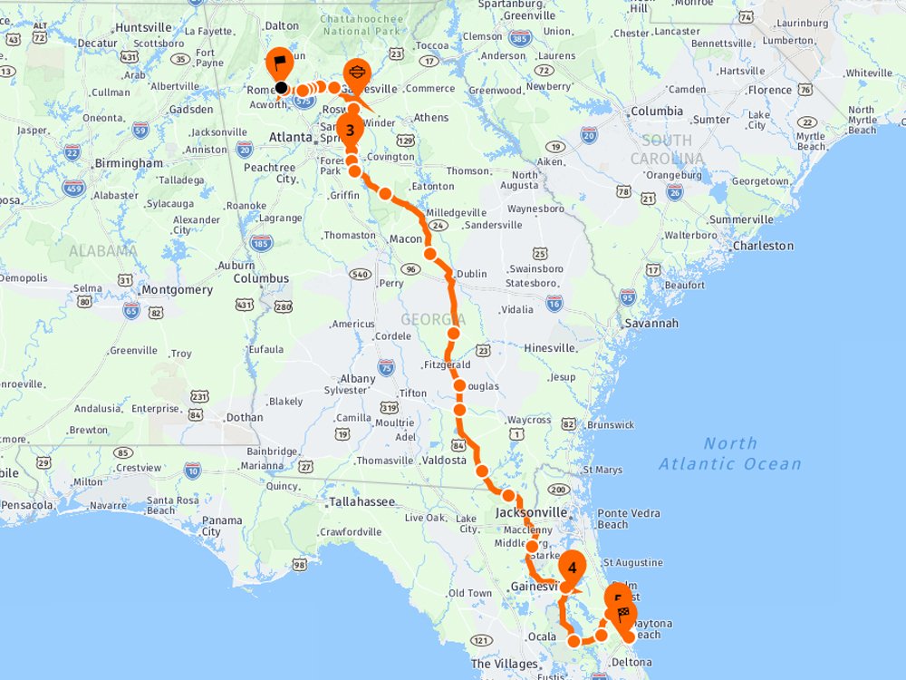 Карта с маршрутом из Атланты до Дайтоны