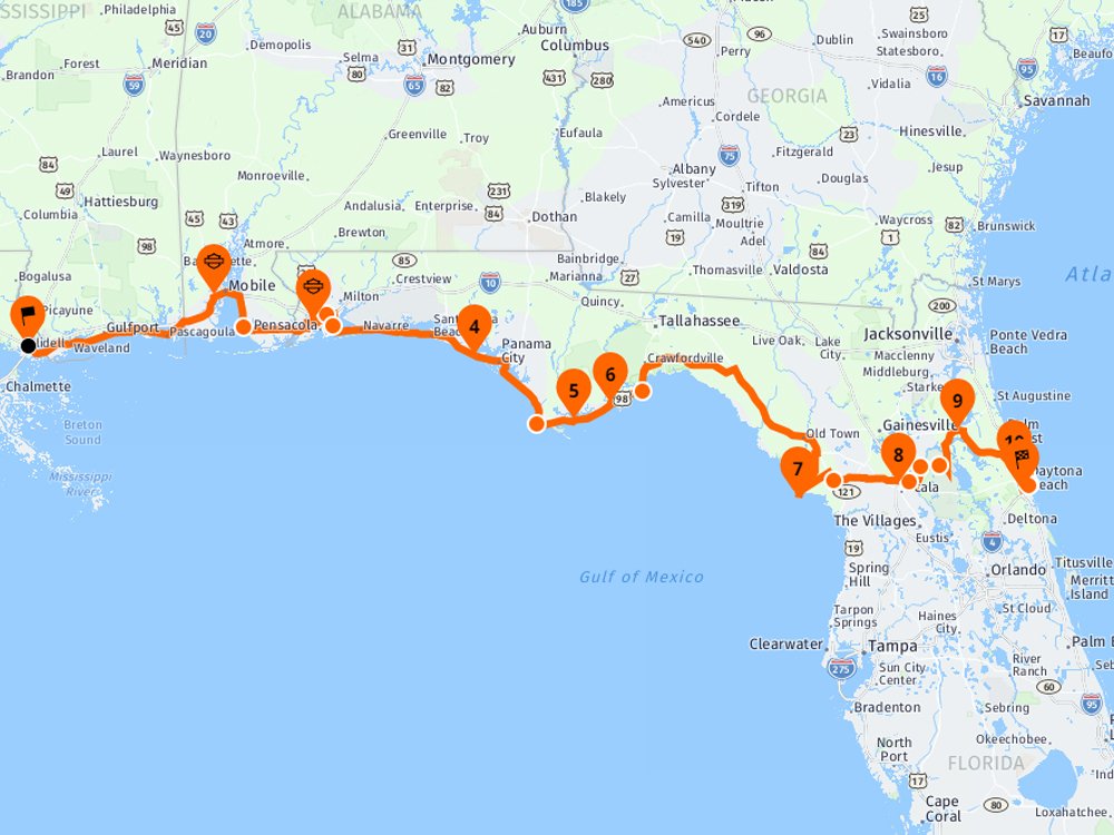 Карта с маршрутом из Нового Орлеана до Дайтоны