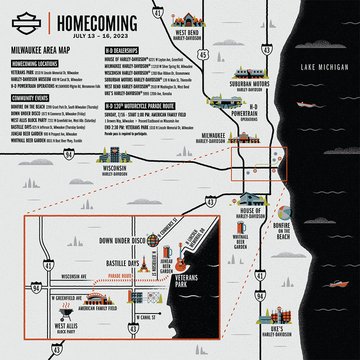 Map of the Milwaukee area show the locations of events around Milwaukee during H-D Homecoming Festival. If you are visually impaired, please call 800-258-2464 for assistance for specific event locations.