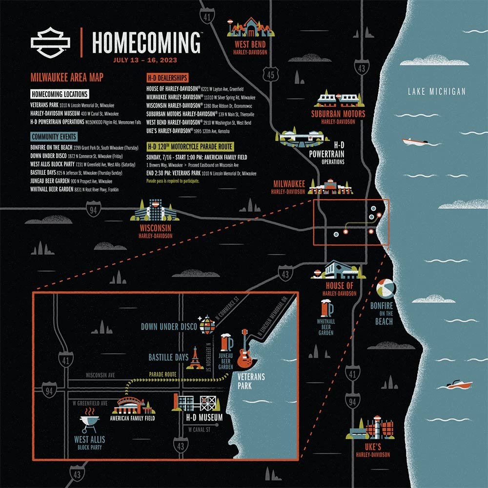 Map of the Milwaukee area showing the locations of events around Milwaukee during H-D Homecoming Festival. If you are visually impaired, please visit https://www.harley-davidson.com/us/en/homecoming/know-before-you-go/ada-compliant-maps.html or click on the link on page for ADA compliant maps.