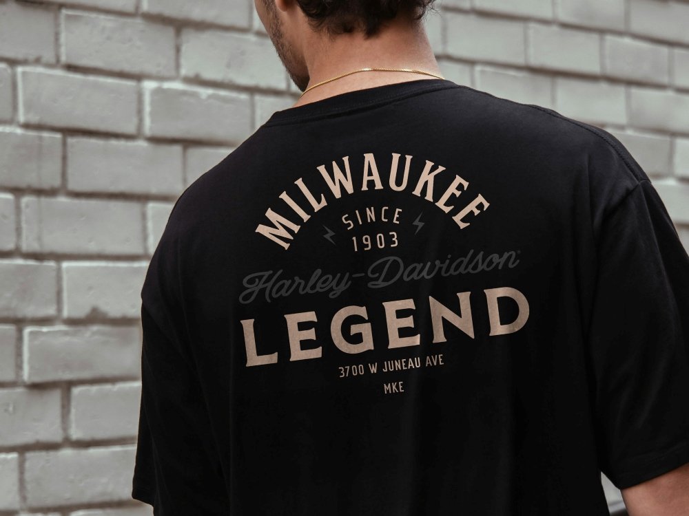 Man wearing h-d t-shirt showing back of t-shirt