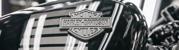 A motorcycle tank with the Harley-Davidson logo. 