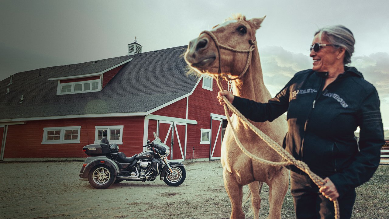 Une femme et un cheval, avec une motocyclette Tri Glide Ultra garée en arrière-plan