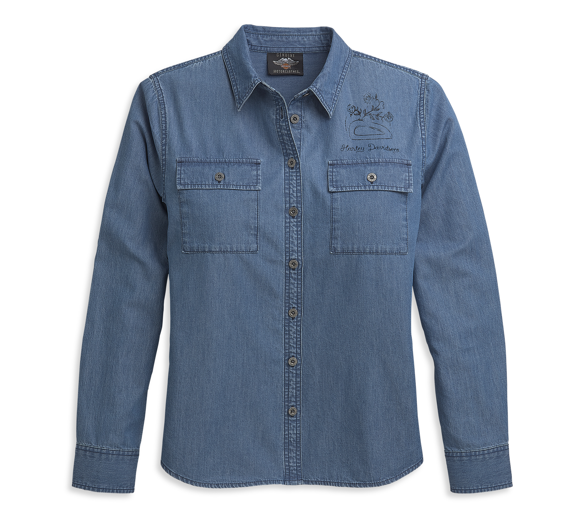 Denim shirt for women long sleeve with pockets on the chest and yoke on the  back Denim — Maxport Costumes for Work