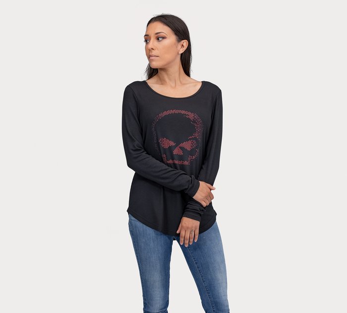 Temeridad Socialismo realidad Camiseta con dobladillo tipo béisbol, pedrería artificial y diseño de  calavera Willie G para mujer | Harley-Davidson LATAM