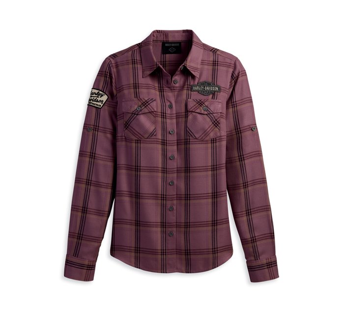 physically Talented Margaret Mitchell Women's Gas & Oil Convertible Sleeve Shirt - YD Plaid - Dusky Orchid |  Harley-Davidson USA