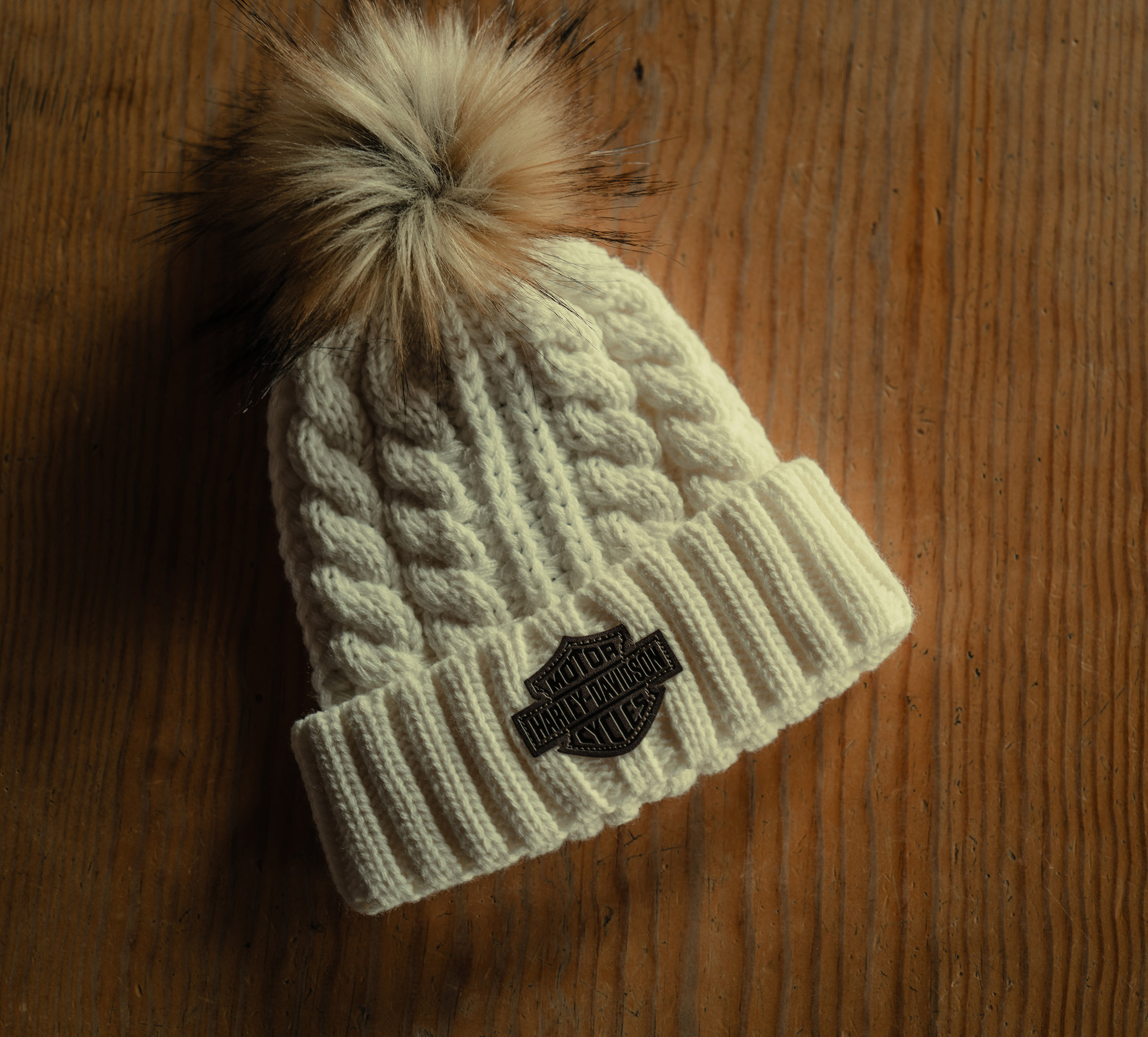 Women's Leather Patch Pom Beanie