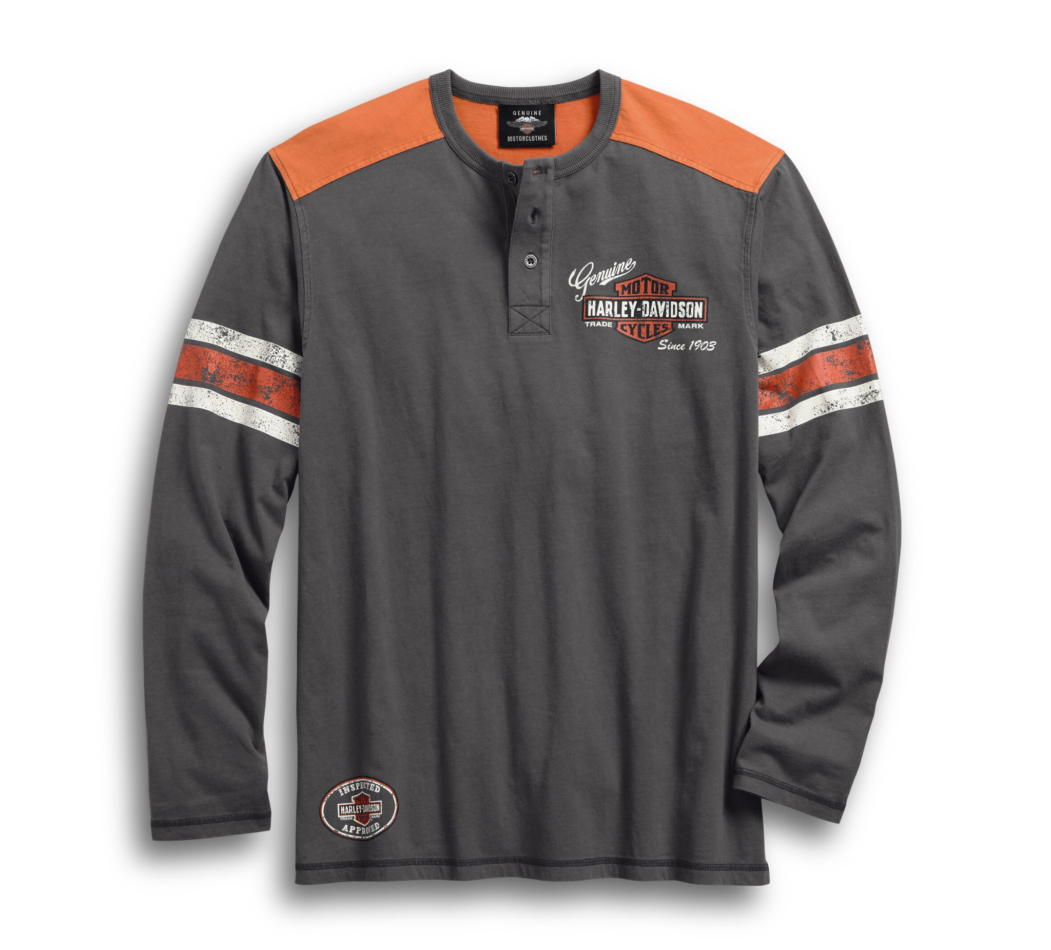 HD Henley Shirt Genuine Oil Can grau/orange Harley Davidson Sweatshirt Pullover