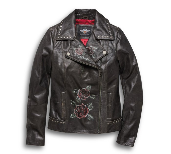 Women's Roses & Studs Leather Biker Jacket 1