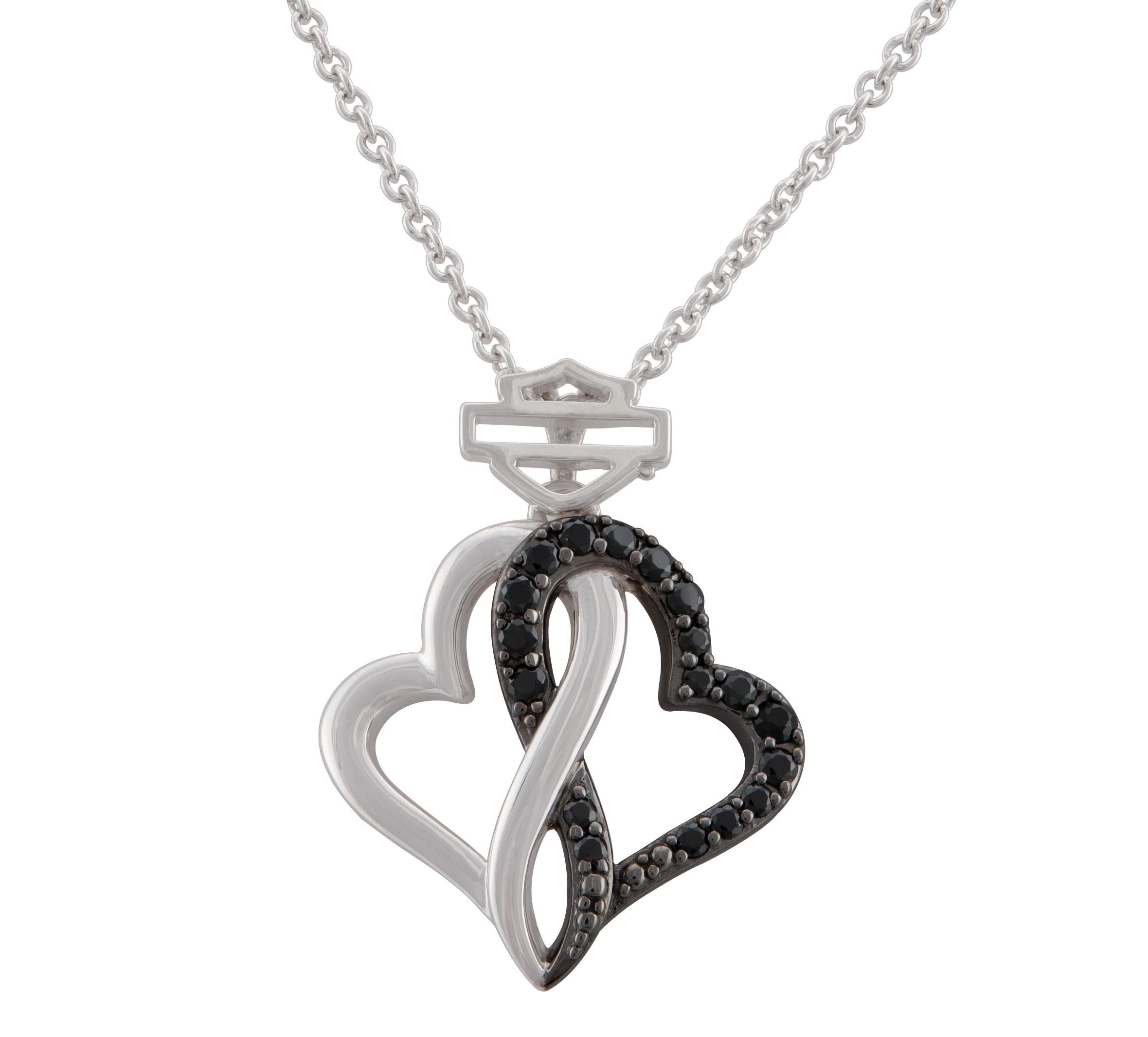 Ladies SS Genuine Black & White Diamond Double Heart Pendant Necklace 18"