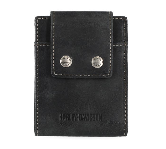 Men's Smooth Grain Snap Front Pocket Bifold Leather Black Wallet 1