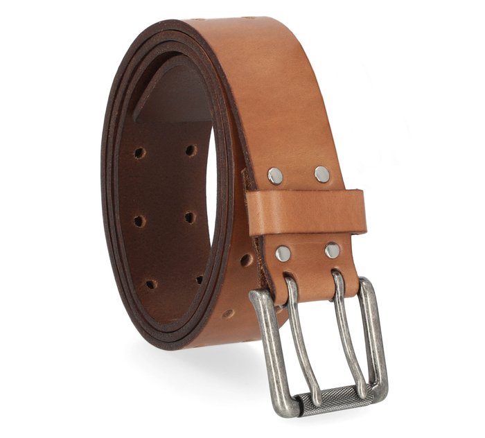 Men's Double Prong Antique Nickel Roller Buckle Tan Belt Leather 1