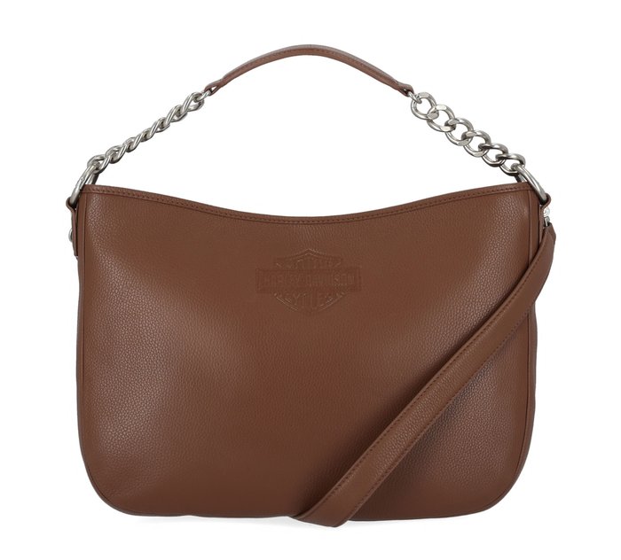 Women's Iconic Bar & Shield Chain Hobo Bag Cognac Leather 1