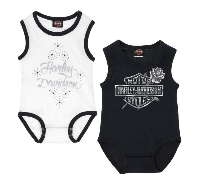 2 Pack Infant Girls Rally Collection Rib Bodysuits Bar & Shield & H-D Rompers  in White/Black 1