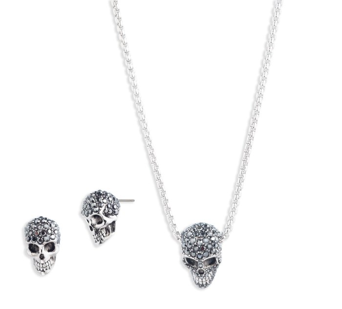 Women's Sterling Silver Skull Necklace & Earring Set 1