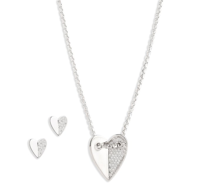Women's Sterling Silver Pavé Half Heart Necklace & Earring Set 1