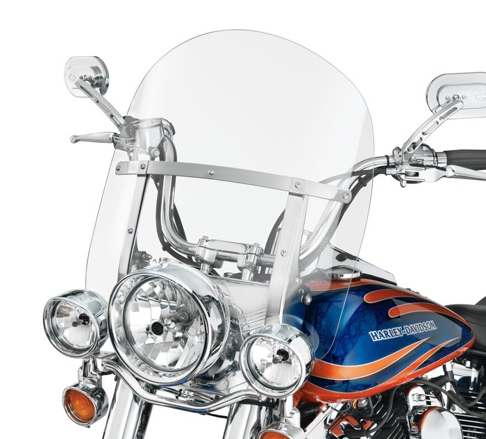 King-Size H-D Detachables Windshield for FL Softail Models - 18 in. Clear, Polished Braces 1