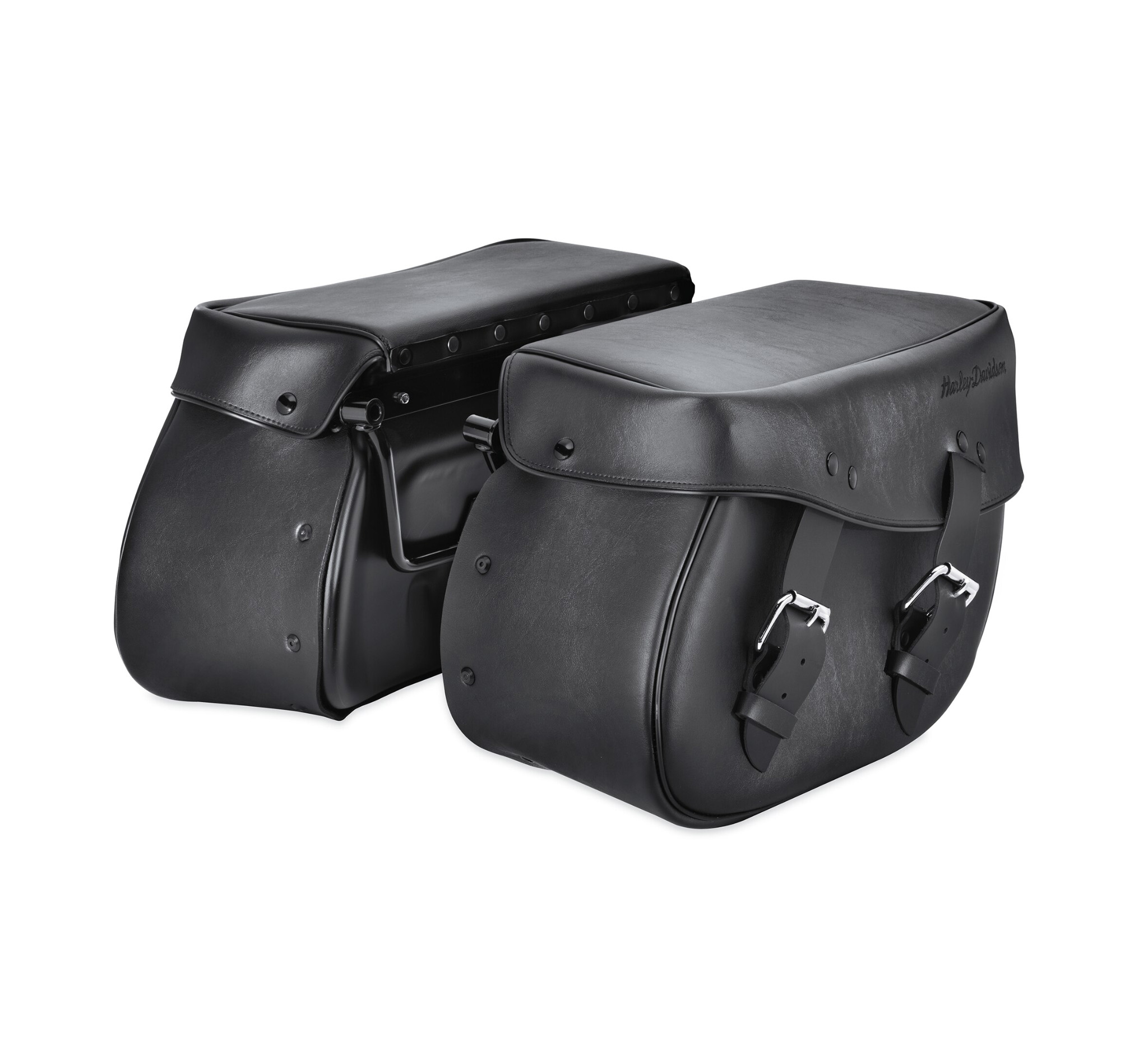 black leather saddlebags