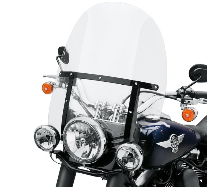 King-Size H-D Detachables Windshield for FL Softail Models - 21 in. Clear, Gloss Black Braces 1