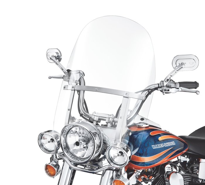 King-Size H-D Detachables Windshield for FL Softail Models - 23 in. Clear, Polished Braces 1