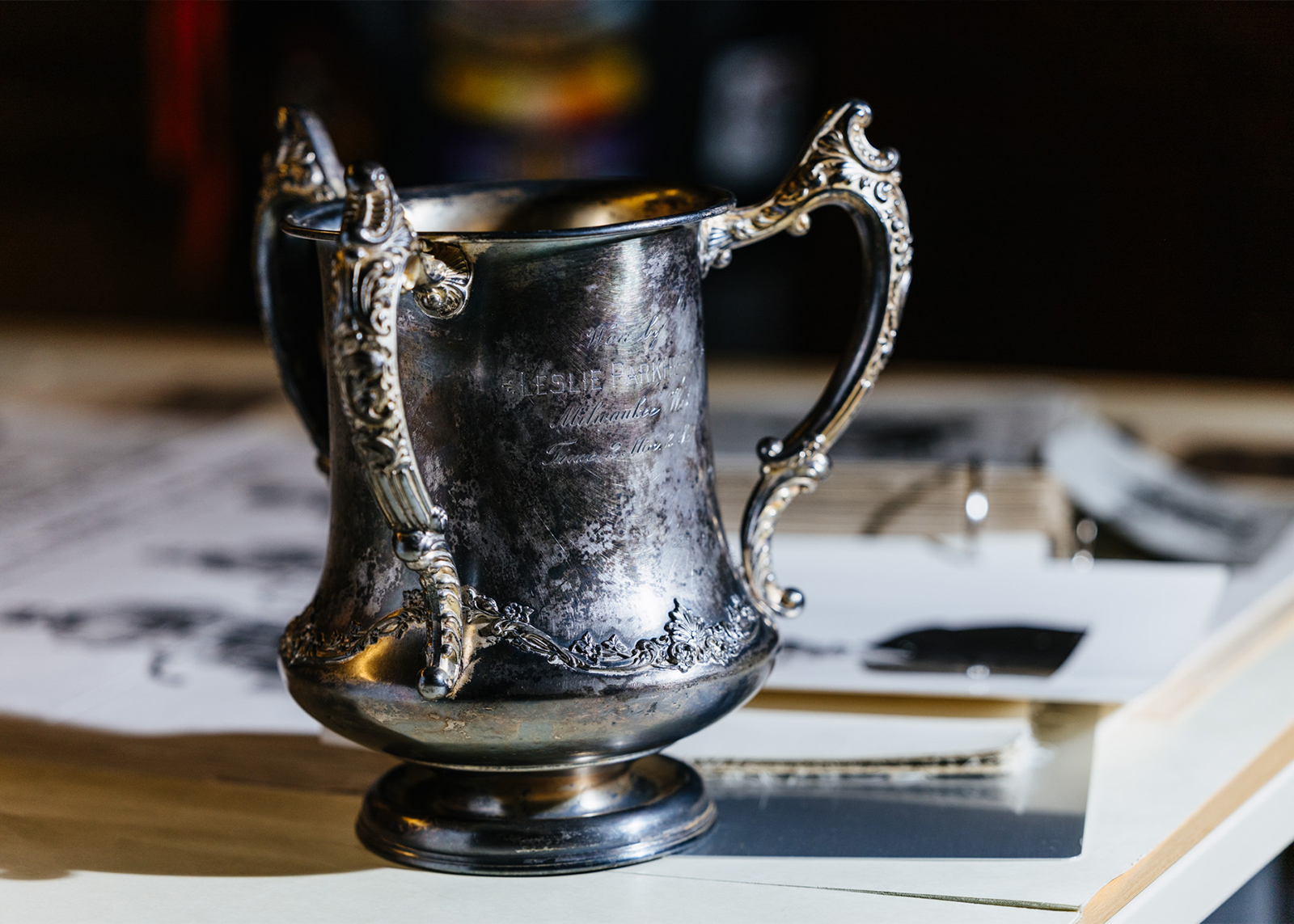 Red’s silver-plated loving cup style trophy from the 150-mile race at Oklahoma City, April 20th, 1915, where he had the fastest lap and won the race.