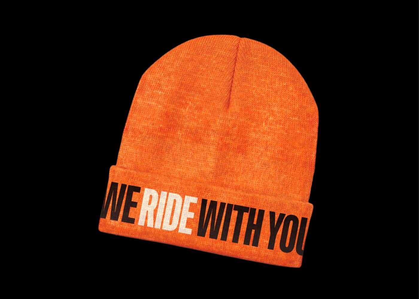 Orange beanie cap "We Ride with You" message
