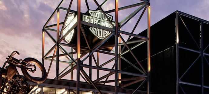 The logo structure outside the Harley-Davidson Museum