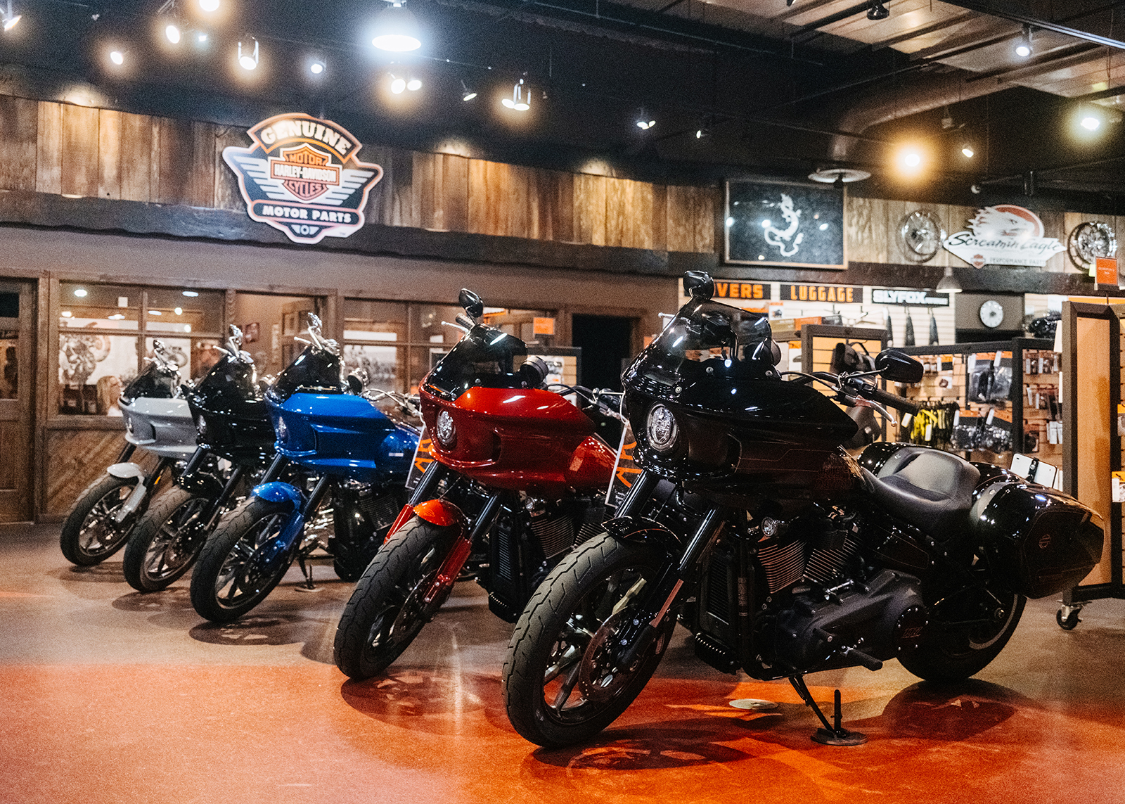 Bikes on the Smokey Mountain Harley-Davidson showroom floor.