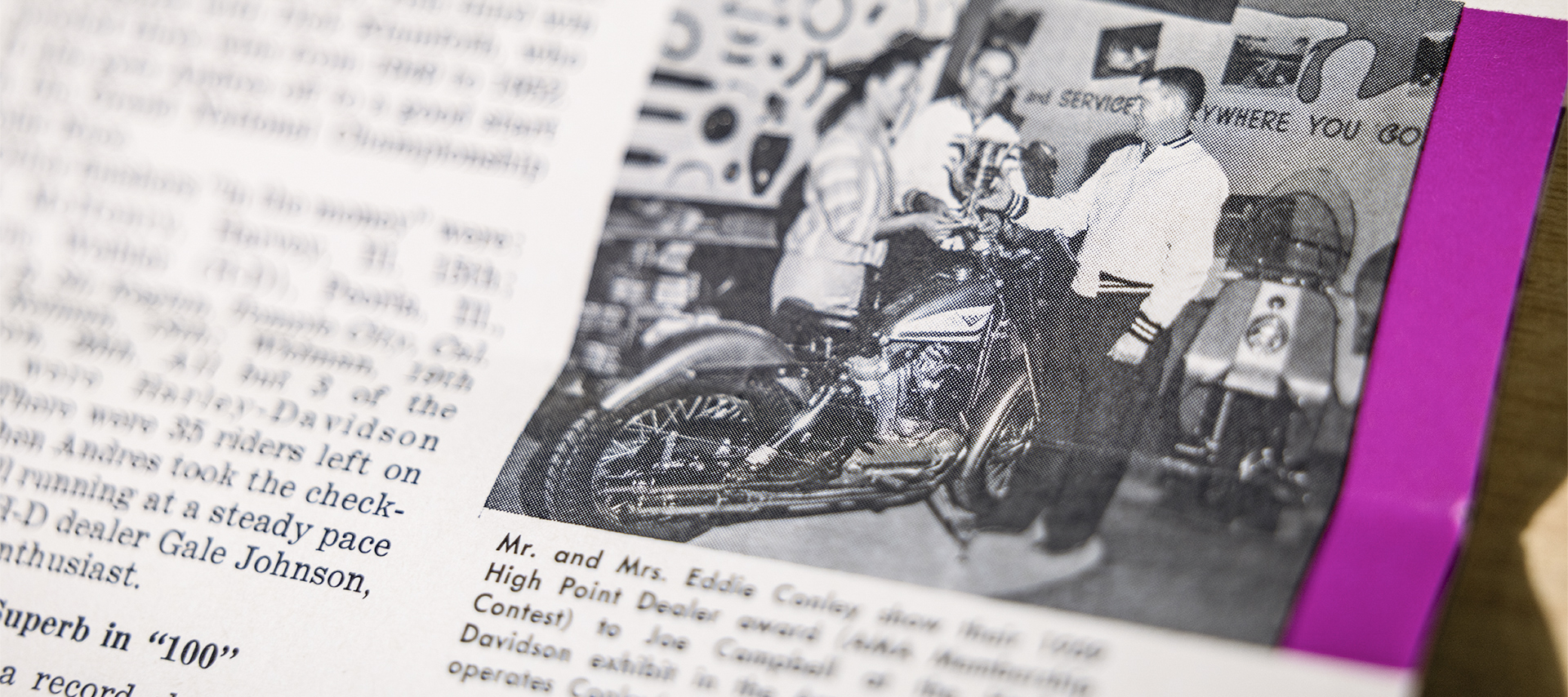 Vintage magazine page detailing Joe Campbell’s involvement for the Harley-Davidson exhibit at Daytona