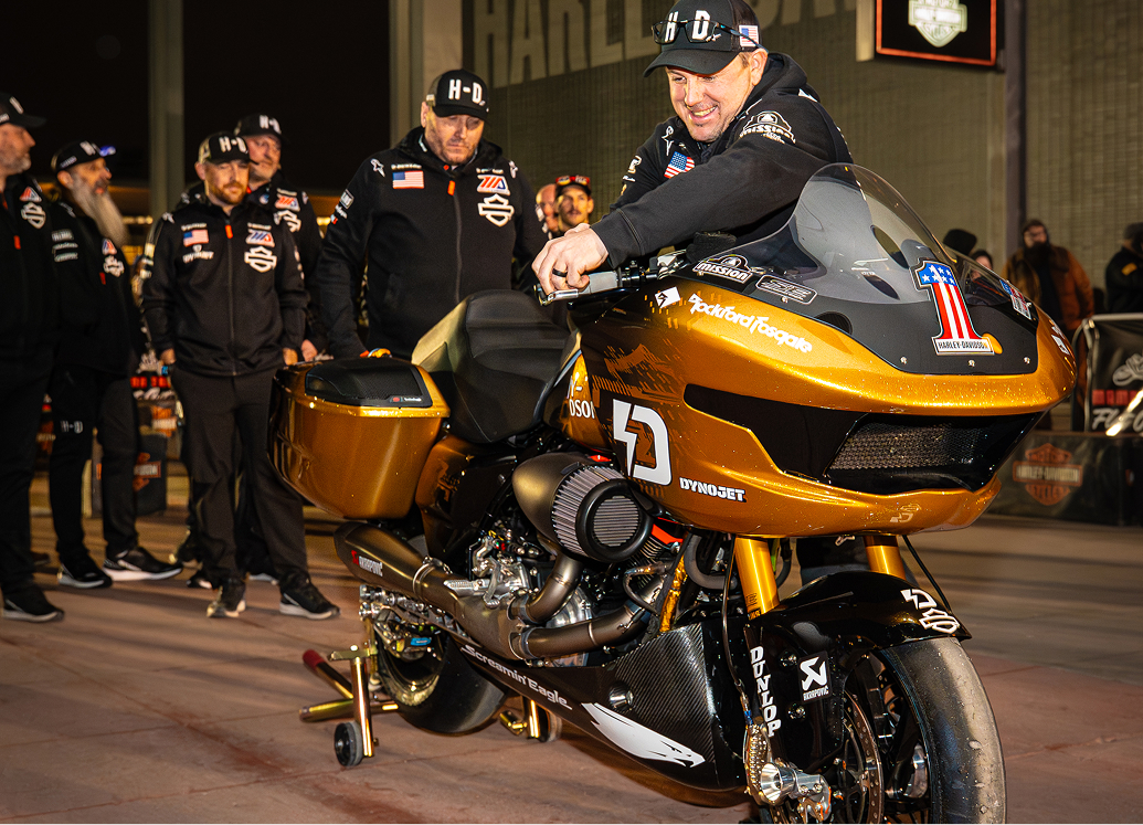 The Harley-Davidson Race Team showcases the gold number 1 King of the Baggers racing motorcycle
