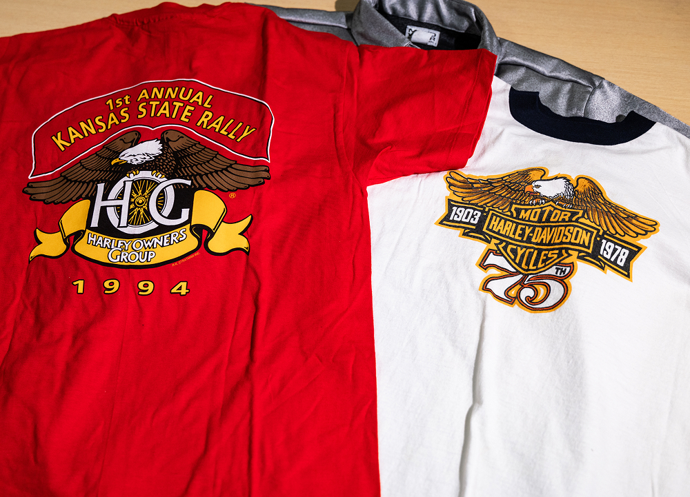 Collection of Harley Owners Group rally shirts featuring eagle-inspired Harley-Davidson graphics