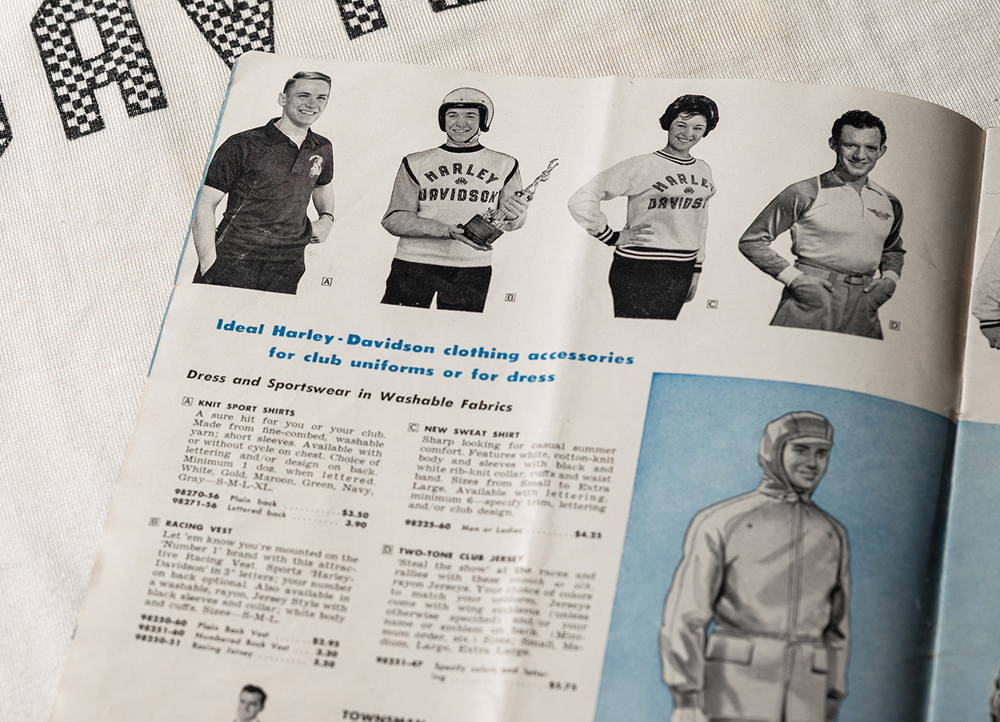 Vintage catalog spread featuring Harley‑Davidson branded shirts and apparel with product photos and descriptions