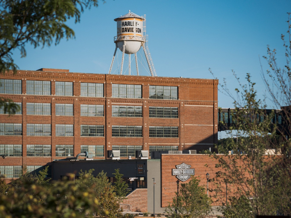 Brick factory building with Harley-Davidson water tower
