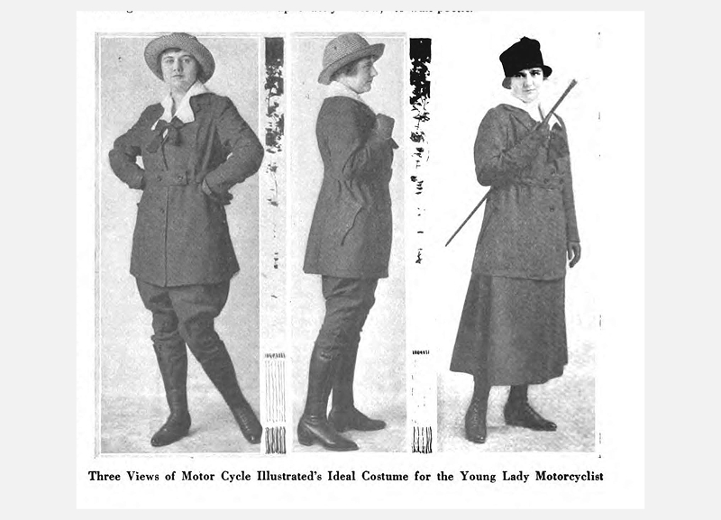 Three-view illustration from an early motorcycle magazine showing a riding outfit designed for women motorcyclists