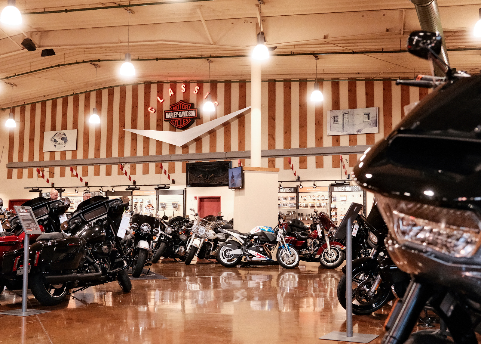 A wide shot of the showroom floor at Classic Harley-Davidson.