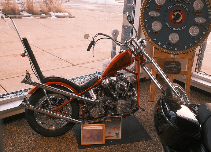 A 1941 Knucklehead chopper on display inside near the front entrance at Harley-Davidson of Madison