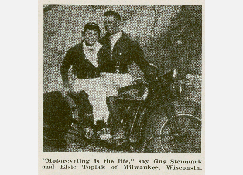 Grainy archival photo of Gustaf Stenmark and Elsi Toplak posing on a motorcycle with caption text beneath the image