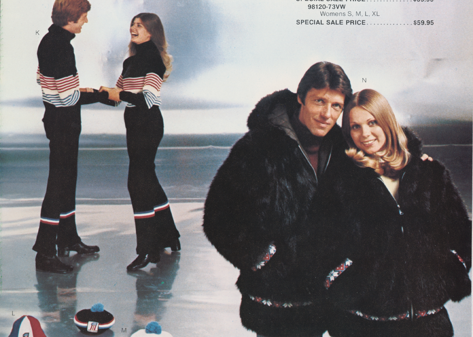 Four people pose in an ad for winter apparel