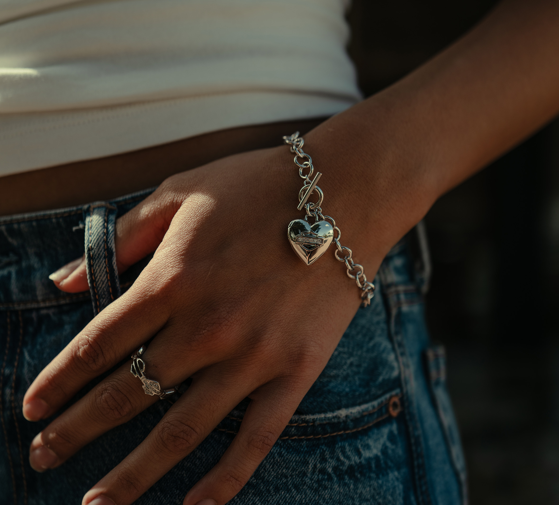 Women's Sterling Silver Pave Bar & Shield Heart Locket Charm Bracelet