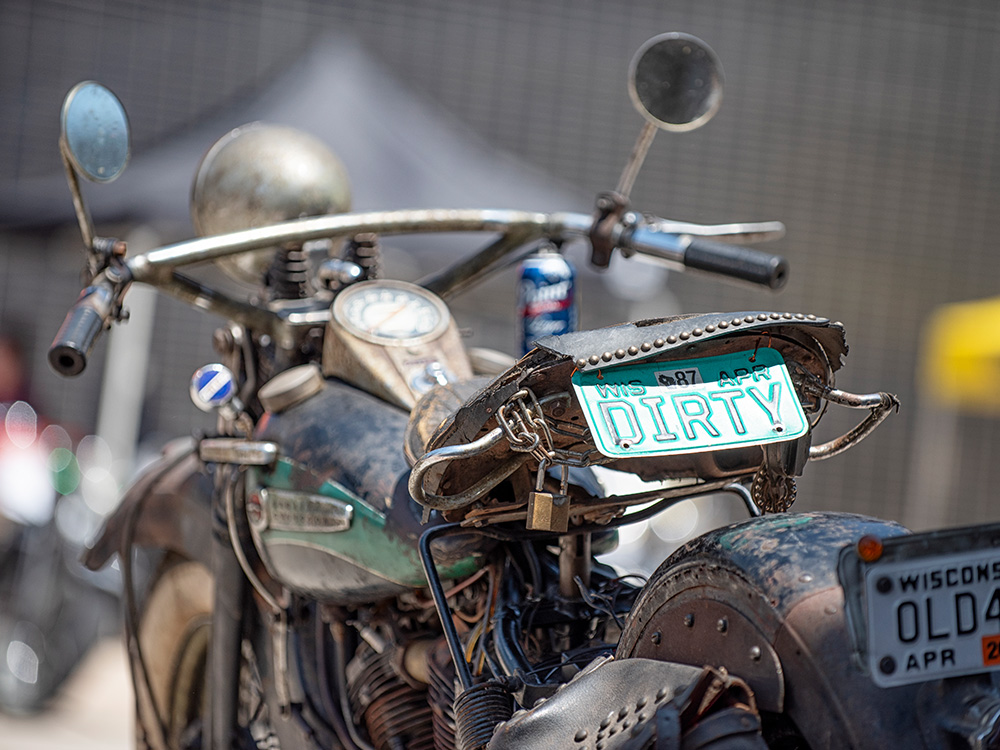 Vintage Harley-Davidson motorcycle with custom DIRTY license plate display