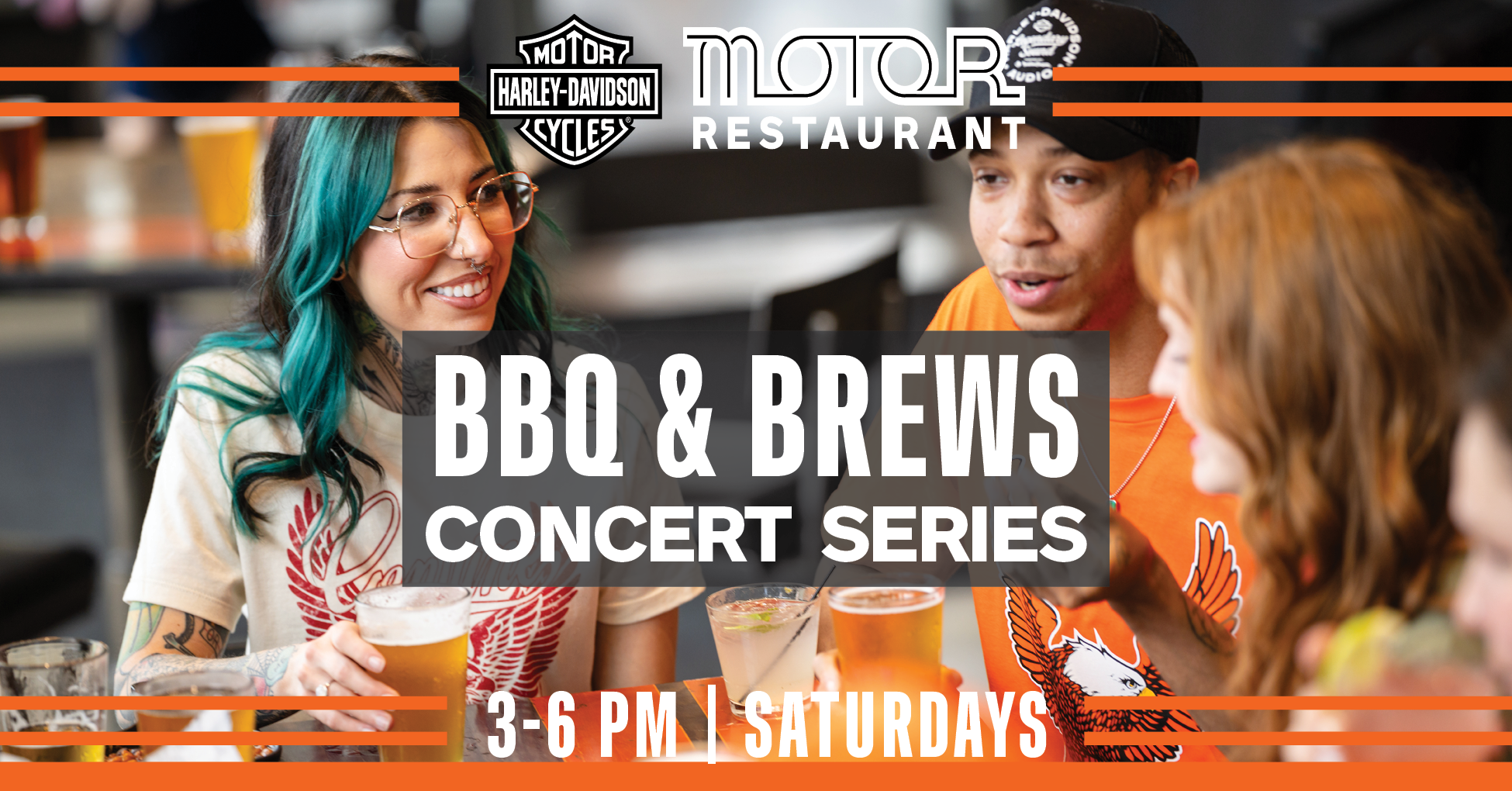 BBQ and Brews Concert Series promotion at MOTOR Restaurant featuring guests with drinks