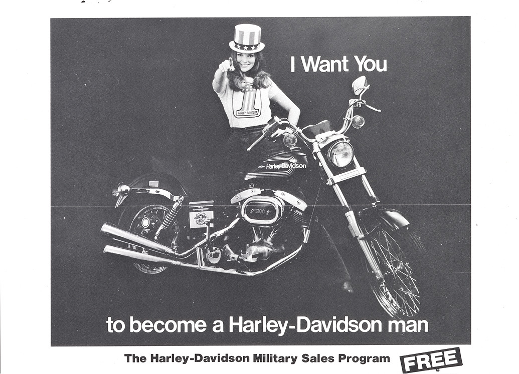 Vintage advertisement with a patriotic woman and the headline “I want you to become a Harley-Davidson man”