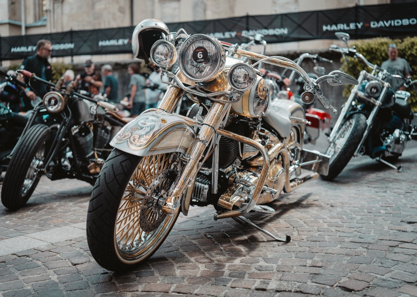 Showcasing Harley-Davidson motorcycles on display at the dealership exhibition during European Bike Week